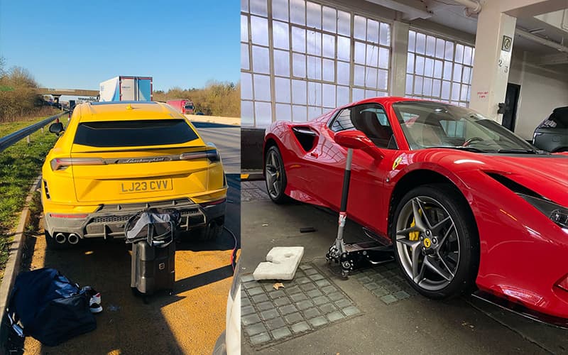 Luxury supercar receiving Fast Tyre fitting service in Surrey
